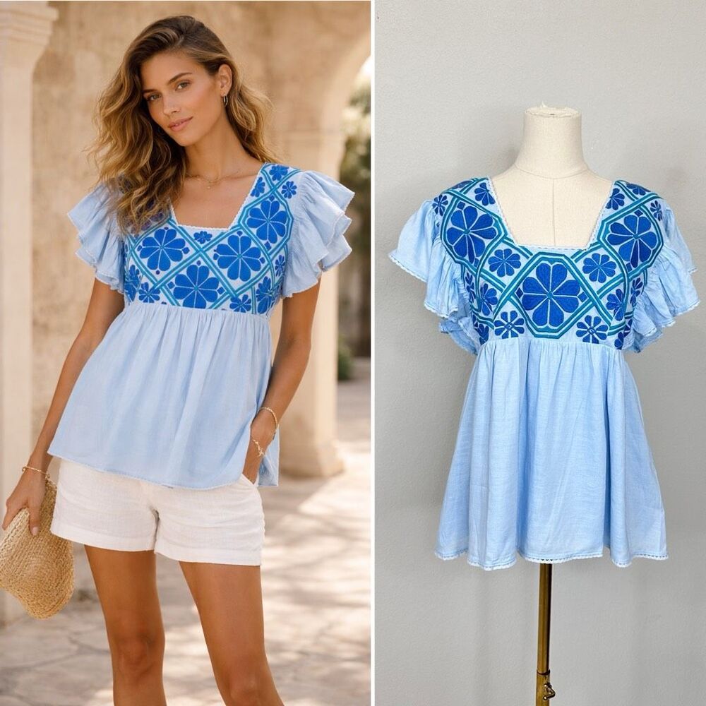 NWT J.Marie Blue Embroidered Babydoll Blouse Boho Floral Top M